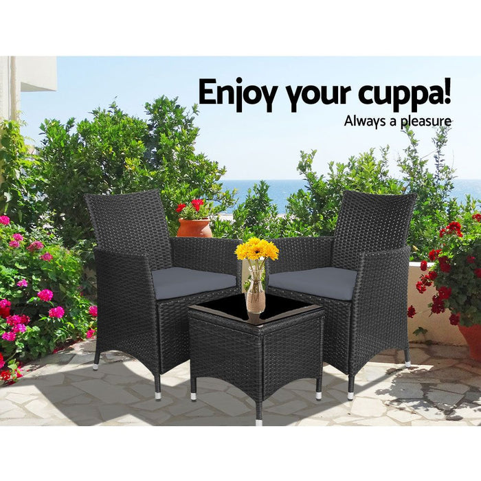 Gardeon Three Piece Bistro Wicker Outdoor Furniture Set Black -Home Living Store - -  
