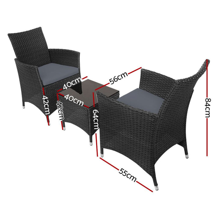 Gardeon Three Piece Bistro Wicker Outdoor Furniture Set Black -Home Living Store - -  