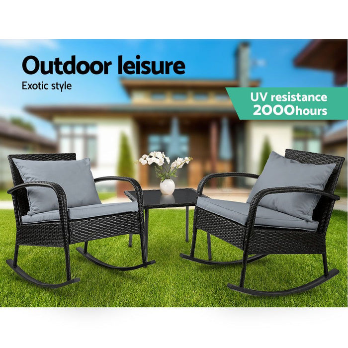 Gardeon Three Piece Outdoor Chair Rocking Set - Black -Home Living Store - -  