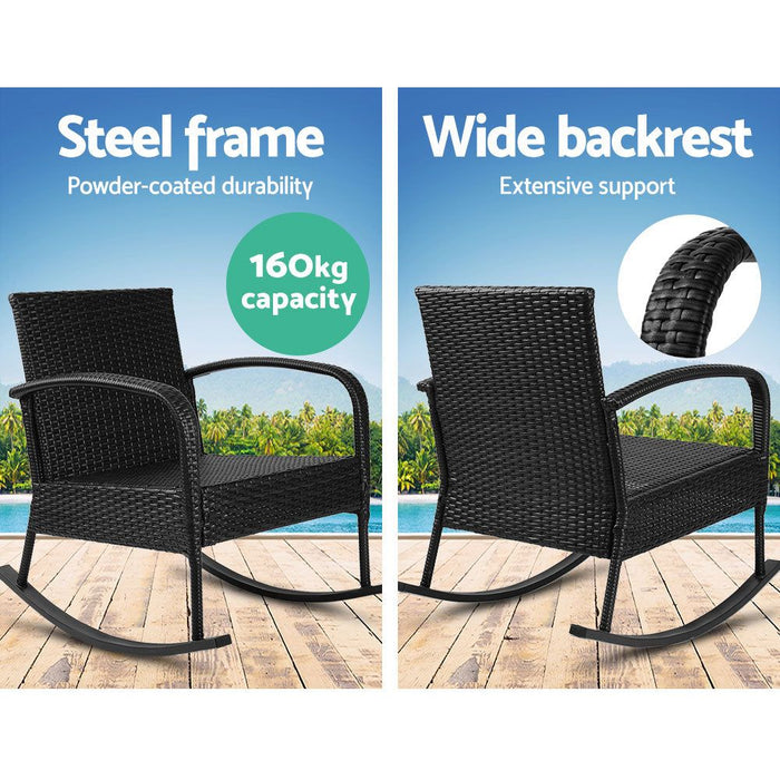 Gardeon Three Piece Outdoor Chair Rocking Set - Black -Home Living Store - -  