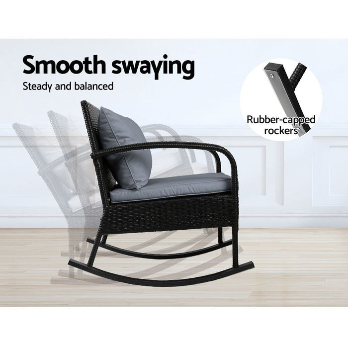 Gardeon Three Piece Outdoor Chair Rocking Set - Black -Home Living Store - -  