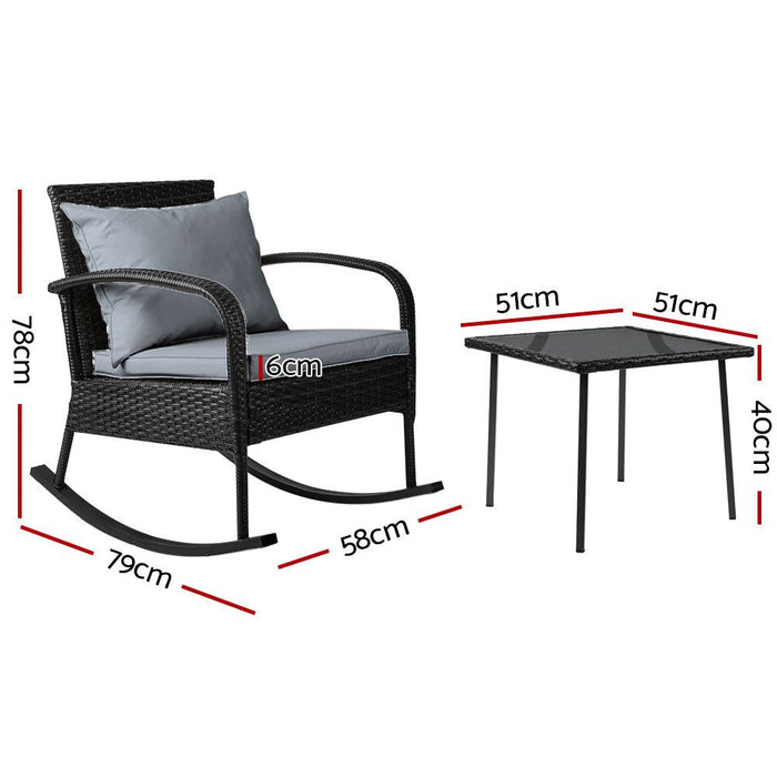 Gardeon Three Piece Outdoor Chair Rocking Set - Black -Home Living Store - -  