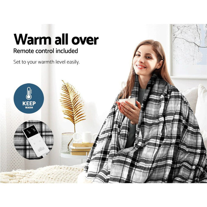Giselle Bedding Electric Throw Rug Flannel Snuggle Blanket Washable Heated Grey and White Checkered -Home Living Store - -  