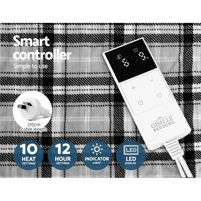 Giselle Bedding Electric Throw Rug Flannel Snuggle Blanket Washable Heated Grey and White Checkered -Home Living Store - -  