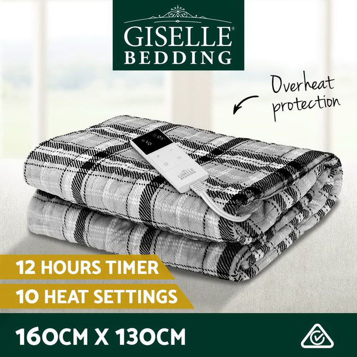 Giselle Bedding Electric Throw Rug Flannel Snuggle Blanket Washable Heated Grey and White Checkered -Home Living Store - -  