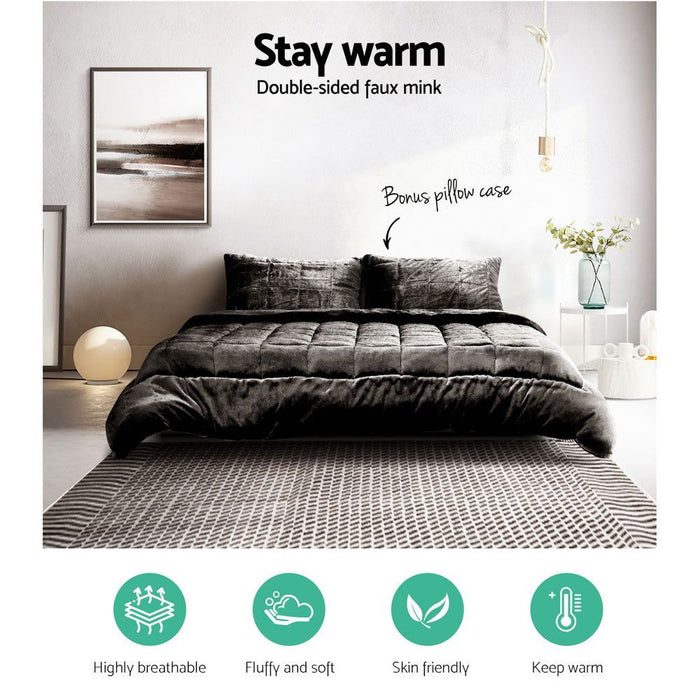 Giselle Bedding Faux Mink Quilt Charcoal Double -Home Living Store - -  