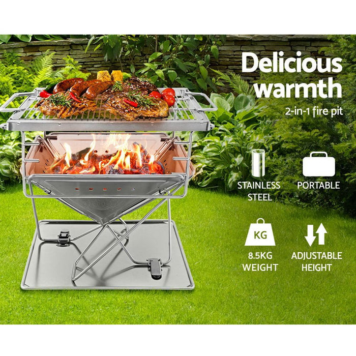 Grillz Camping Fire Pit BBQ Portable Folding Stainless Steel Stove Outdoor Pits -Home Living Store - -  