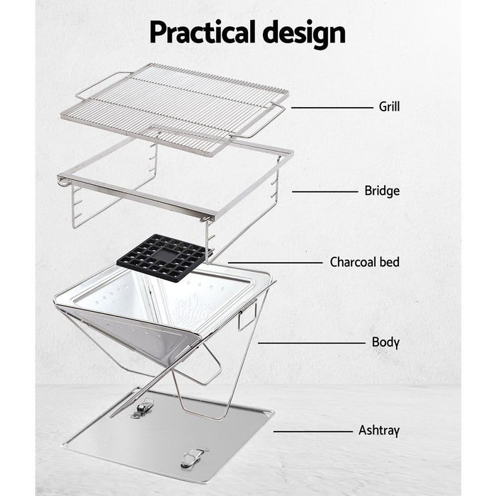 Grillz Camping Fire Pit BBQ Portable Folding Stainless Steel Stove Outdoor Pits -Home Living Store - -  
