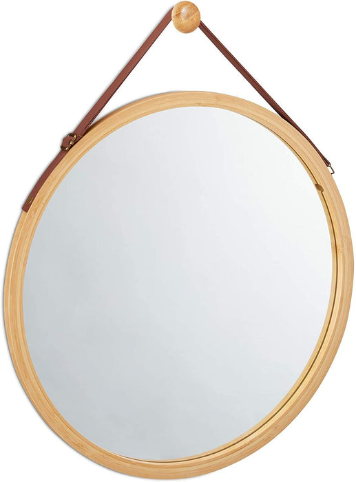 Hanging Round Wall Mirror 38 cm - Solid Bamboo Frame and Adjustable Leather Strap for Bathroom and Bedroom -Home Living Store - -  