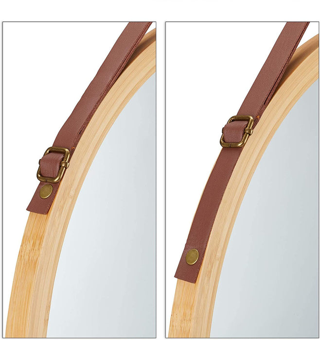 Hanging Round Wall Mirror 38 cm - Solid Bamboo Frame and Adjustable Leather Strap for Bathroom and Bedroom -Home Living Store - -  