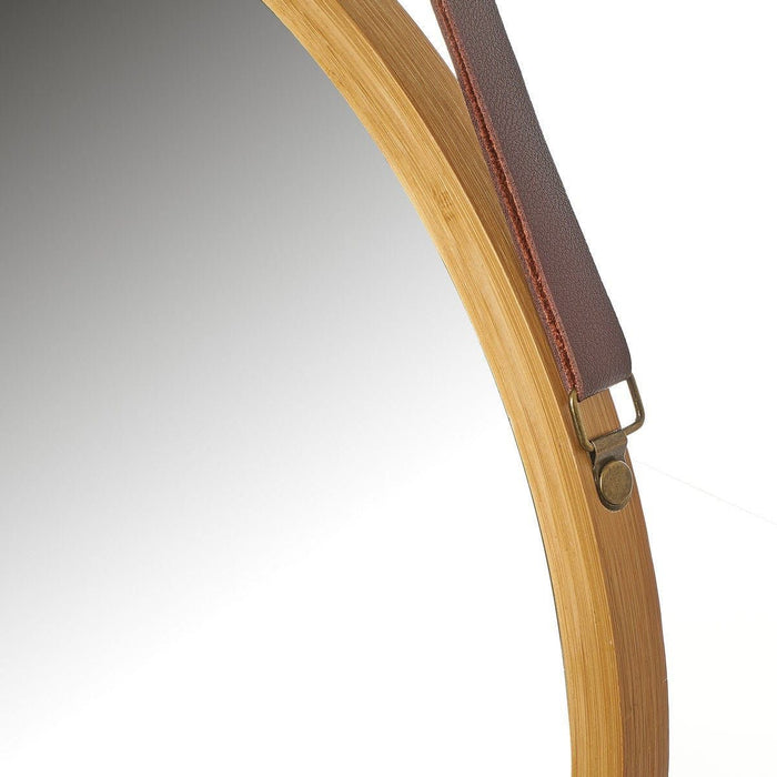 Hanging Round Wall Mirror 38 cm - Solid Bamboo Frame and Adjustable Leather Strap for Bathroom and Bedroom -Home Living Store - -  