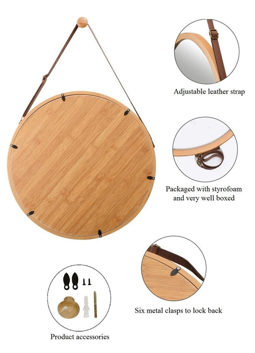 Hanging Round Wall Mirror 38 cm - Solid Bamboo Frame and Adjustable Leather Strap for Bathroom and Bedroom -Home Living Store - -  