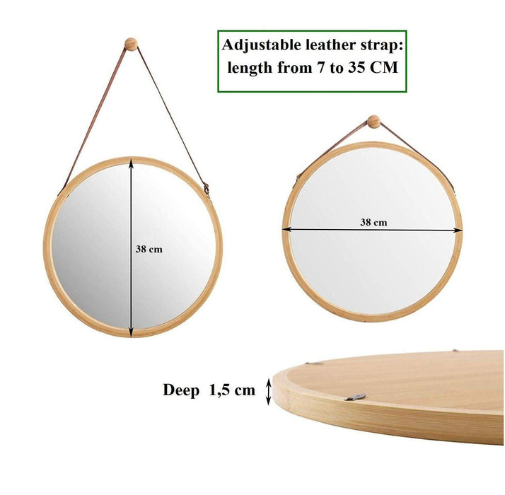 Hanging Round Wall Mirror 38 cm - Solid Bamboo Frame and Adjustable Leather Strap for Bathroom and Bedroom -Home Living Store - -  