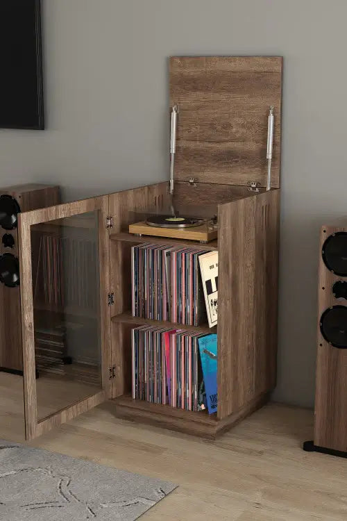 an entertainment center with speakers and a record player.