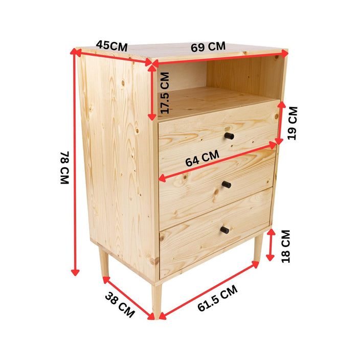 Jamie Tallboy 3 Chest of Drawers Solid Pine Wood Bed Storage Cabinet - Natural -Home Living Store - -  