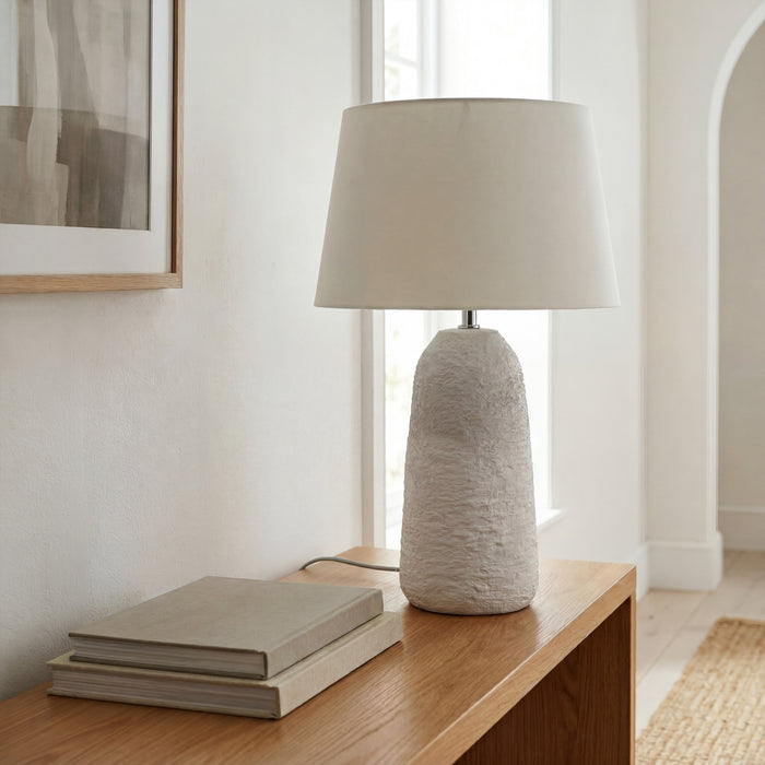 Urban Style Electra Textured Ceramic Table Lamp with Linen Shade – White 47cm