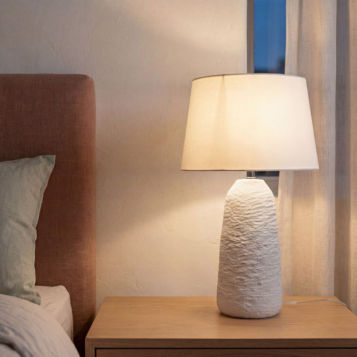 Urban Style Electra Textured Ceramic Table Lamp with Linen Shade – White 47cm