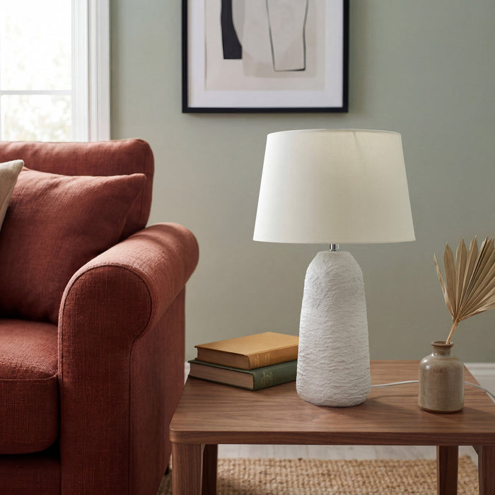 Urban Style Electra Textured Ceramic Table Lamp with Linen Shade – White 47cm