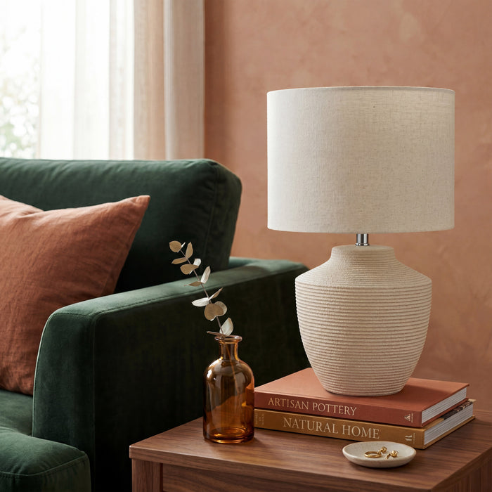 Urban Style Merope Ceramic Table Lamp – Cream Textured Base with Fabric Shade (49cm)