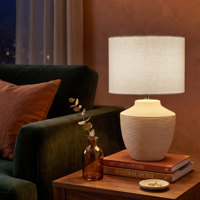 Urban Style Merope Ceramic Table Lamp – Cream Textured Base with Fabric Shade (49cm)