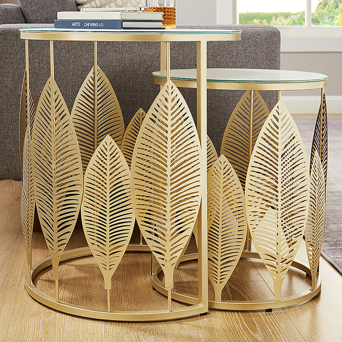 Leaf Nested Set Coffee Tables 520mm White Glass Top, Metal Frame Gold by Criterion