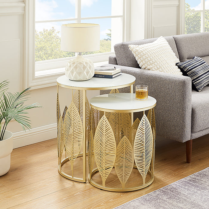 Leaf Nested Set Coffee Tables 520mm White Glass Top, Metal Frame Gold by Criterion