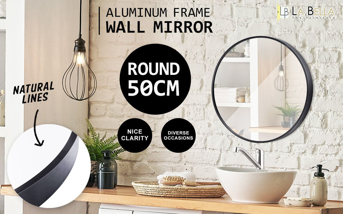 La Bella Black Wall Mirror Round Aluminum Frame Makeup Decor Bathroom Vanity 50cm -Home Living Store - -  