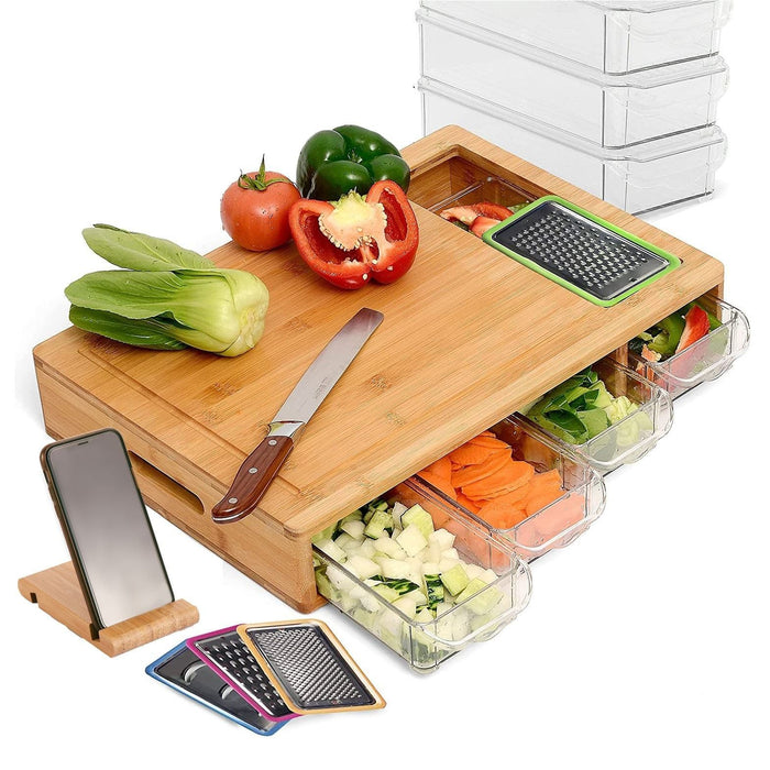Large Bamboo Cutting Board and 4 Containers with Mobile Holder gift included for Home Kitchen -Home Living Store - -  