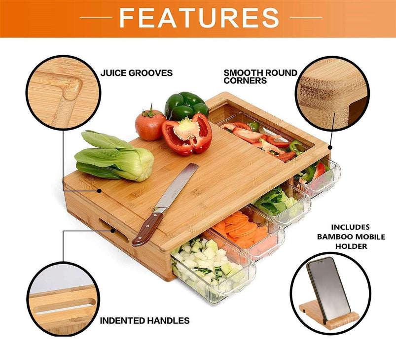 Large Bamboo Cutting Board and 4 Containers with Mobile Holder gift included for Home Kitchen -Home Living Store - -  