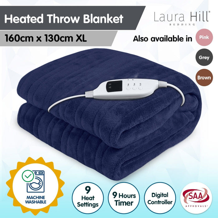 Laura Hill Heated Electric Blanket Coral Warm Fleece Winter Blue -Home Living Store - -  