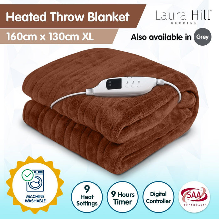 Laura Hill Heated Electric Blanket Throw Rug Coral Warm Fleece Brown -Home Living Store - -  