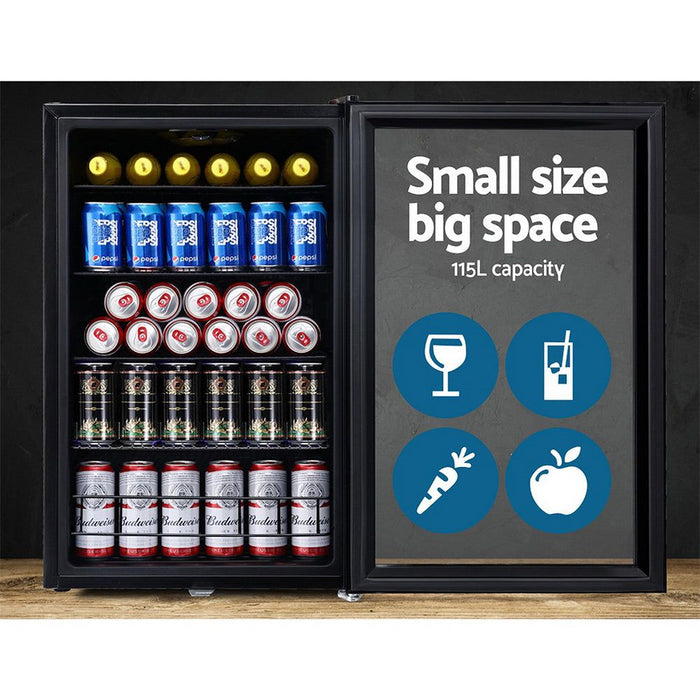 Devanti 115L Bar Fridge Glass Door w/Light Black -Home Living Store - -  