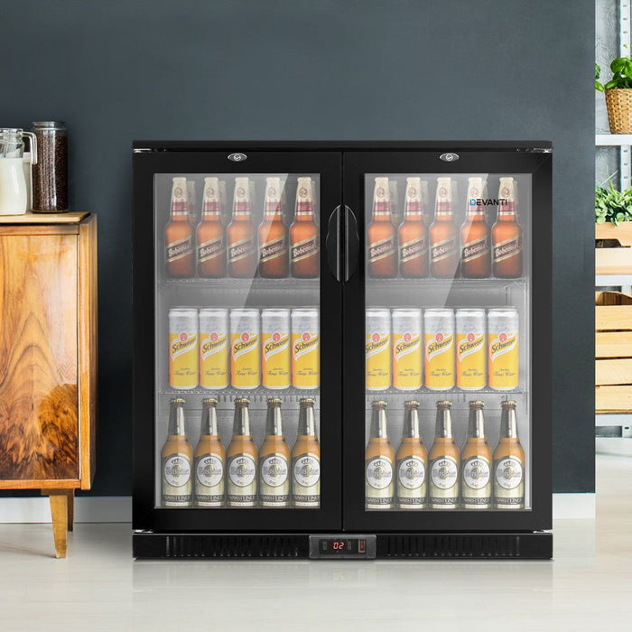 Devanti 198L Bar Fridge Dual Glass Door w/Light Black -Home Living Store - -  