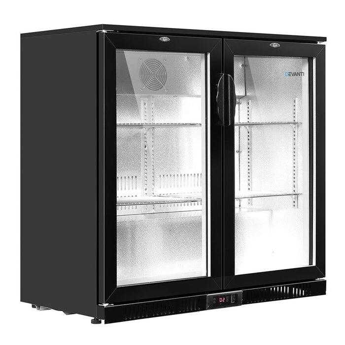 Devanti 198L Bar Fridge Dual Glass Door w/Light Black -Home Living Store - -  