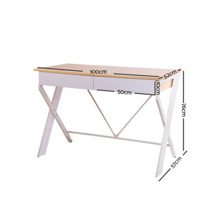 Metal Desk with Drawer - White with Oak Top