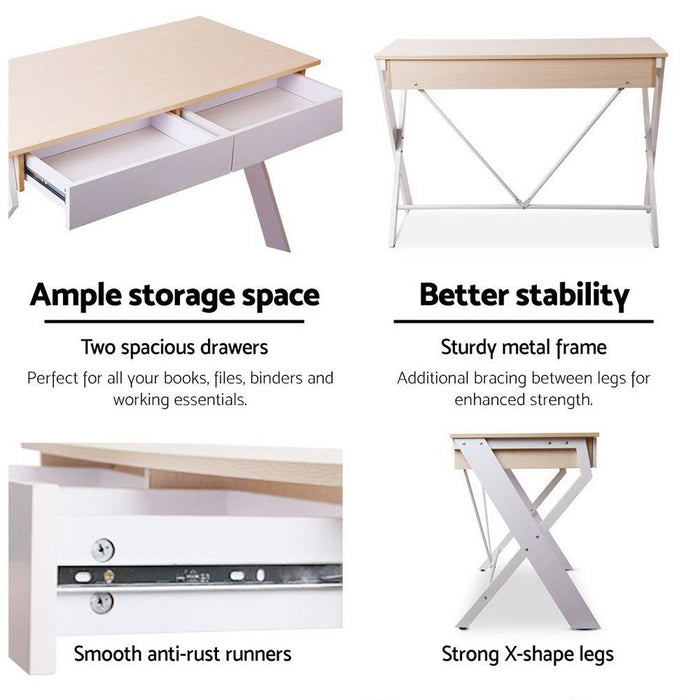 Metal Desk with Drawer - White with Oak Top -Home Living Store - -  