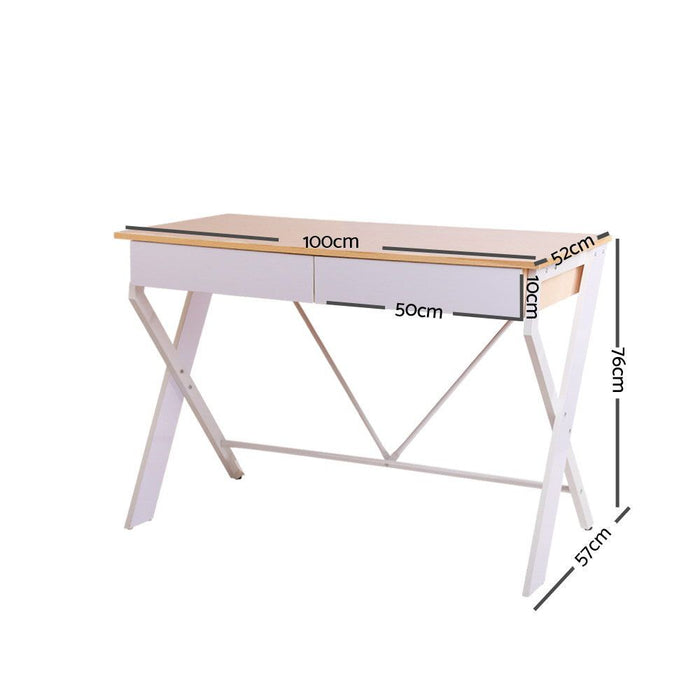 Metal Desk with Drawer - White with Oak Top -Home Living Store - -  