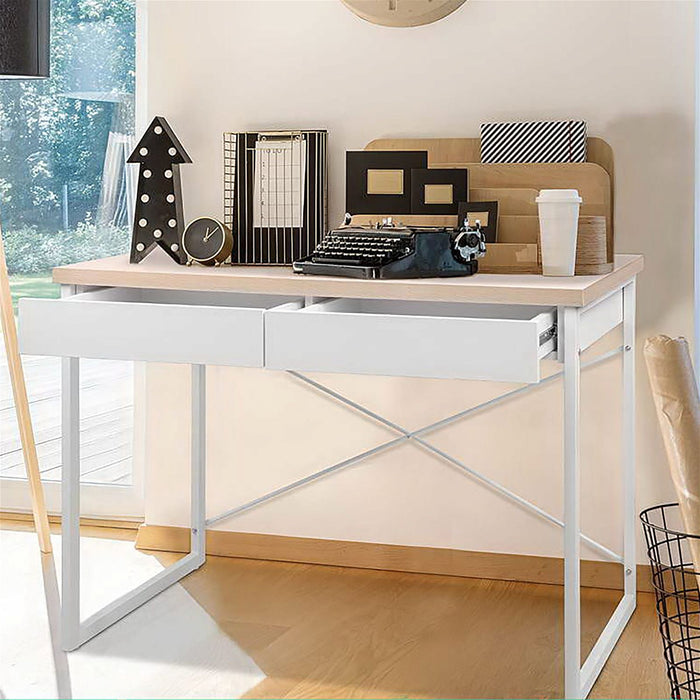 Metal Desk with Drawer - White with Wooden Top -Home Living Store - -  