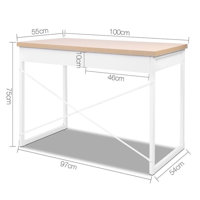 Metal Desk with Drawer - White with Wooden Top -Home Living Store - -  