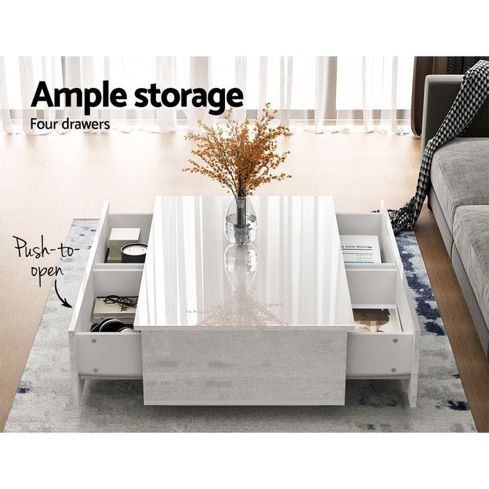 Modern Coffee Table 4 Storage Drawers High Gloss Living Room Furniture White -Home Living Store - -  