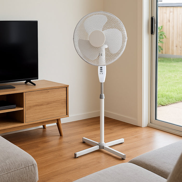 Sheffield 40cm Pedestal Fan – White | Adjustable Height + Carry Handle