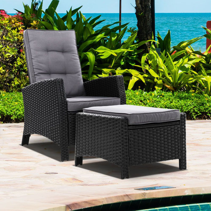 Sun lounge Recliner Chair Wicker Lounger Sofa Day Bed Outdoor Furniture Patio Garden Cushion Ottoman Black Gardeon -Home Living Store - -  