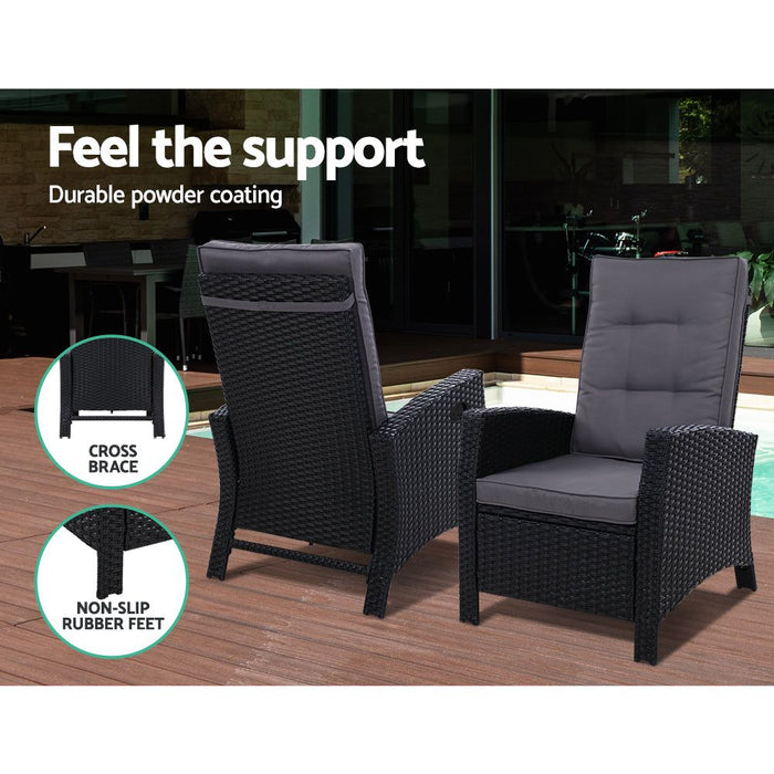 Sun lounge Recliner Chair Wicker Lounger Sofa Day Bed Outdoor Furniture Patio Garden Cushion Ottoman Black Gardeon -Home Living Store - -  