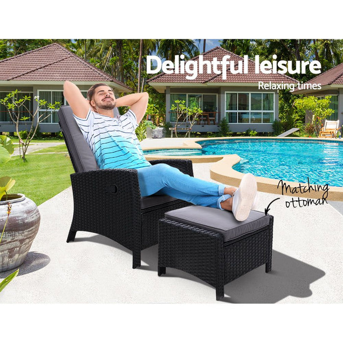 Sun lounge Recliner Chair Wicker Lounger Sofa Day Bed Outdoor Furniture Patio Garden Cushion Ottoman Black Gardeon -Home Living Store - -  