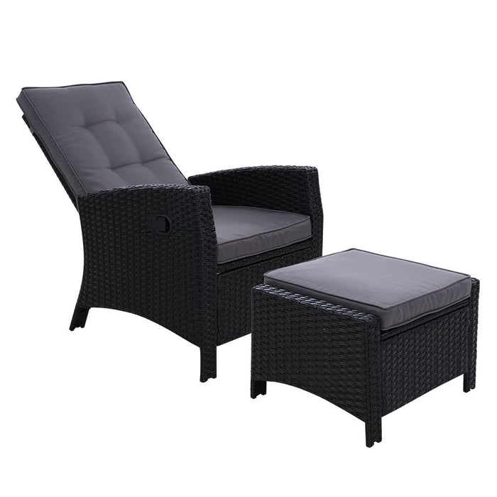 Sun lounge Recliner Chair Wicker Lounger Sofa Day Bed Outdoor Furniture Patio Garden Cushion Ottoman Black Gardeon -Home Living Store - -  