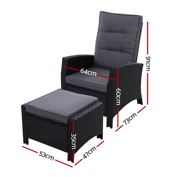 Sun lounge Recliner Chair Wicker Lounger Sofa Day Bed Outdoor Furniture Patio Garden Cushion Ottoman Black Gardeon -Home Living Store - -  