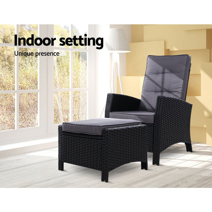 Sun lounge Recliner Chair Wicker Lounger Sofa Day Bed Outdoor Furniture Patio Garden Cushion Ottoman Black Gardeon -Home Living Store - -  