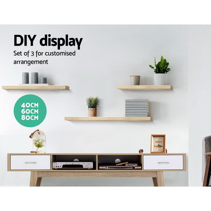 Three Piece Wall Floating Shelf Set DIY Mount Storage Book Display Rack Oak -Home Living Store - -  