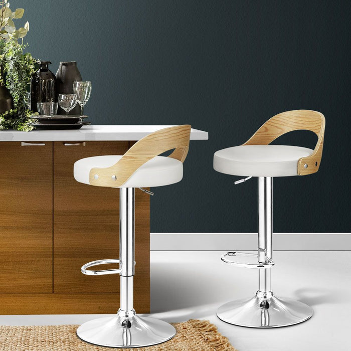Two Bar Stools Adjustable Leather Padded White -Home Living Store - -  