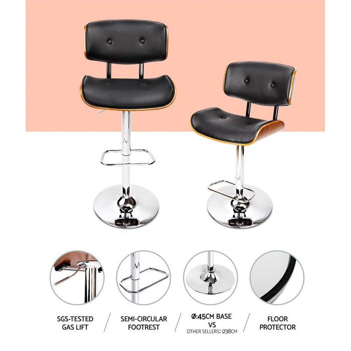 Two Bar Stools Gas Lift Leather Black -Home Living Store - -  